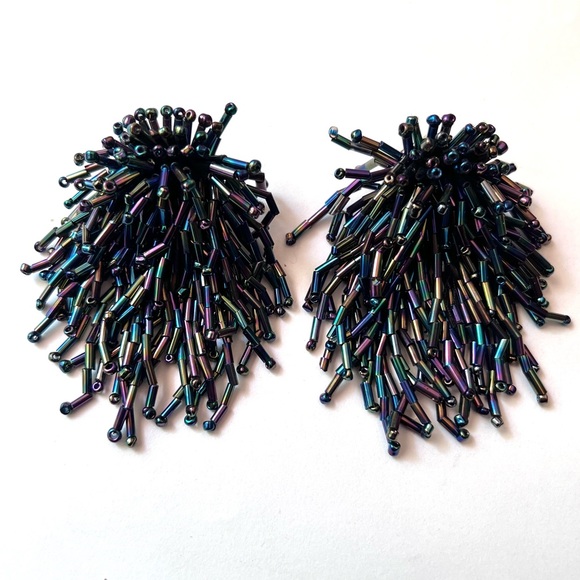 Vintage Fringe Earrings Clips Starburst Dangle Beaded Iridescent Peacock Mermaid - Picture 4 of 7